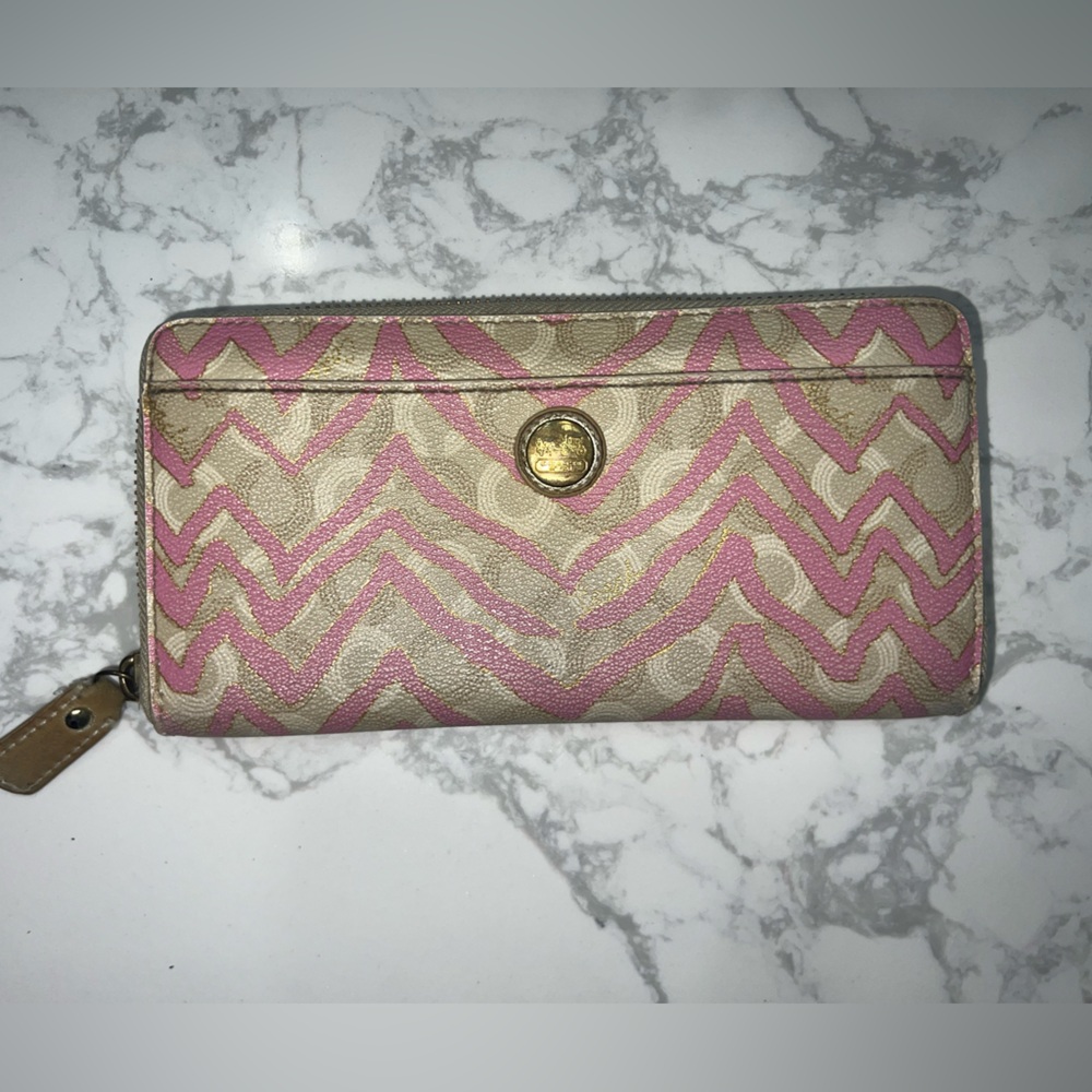Coach Pink and Cream Chevron Bag with Gold Emblem
